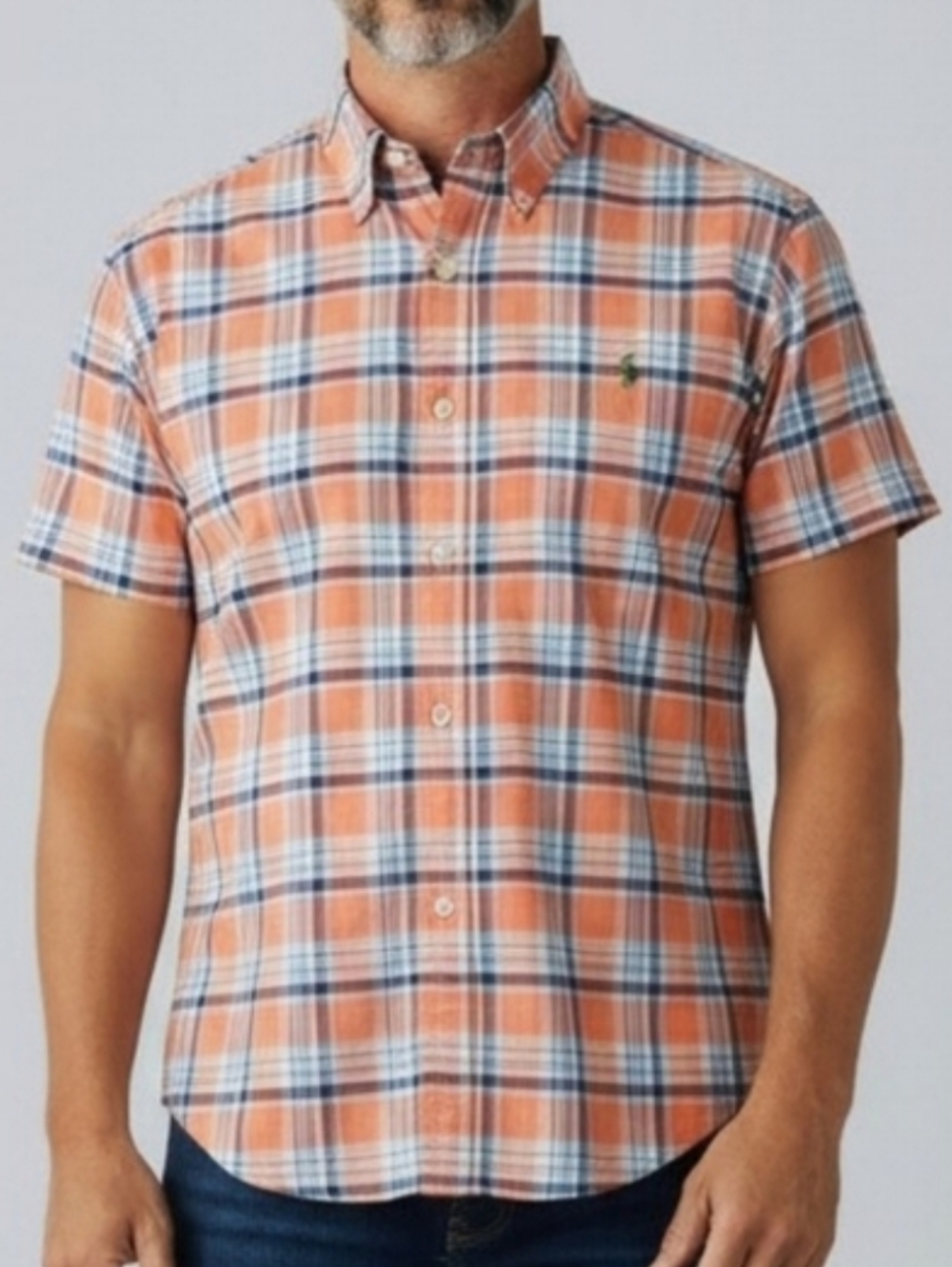 Ralph Lauren Blue Label Peach and Blue Plaid Oxford Short Sleeve Shirt